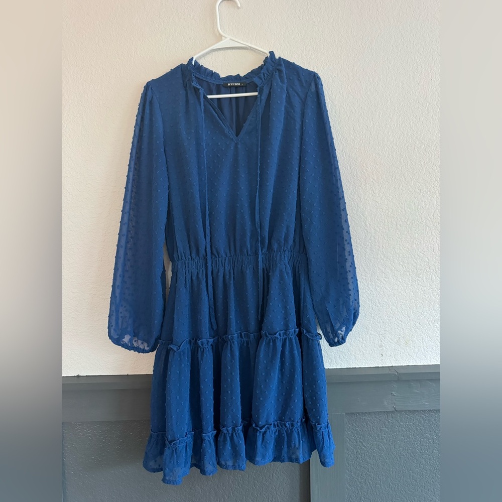 BTFBM Blue Swiss Dot Tiered Mini Dress M Long Sleeve Boho Elastic Waist